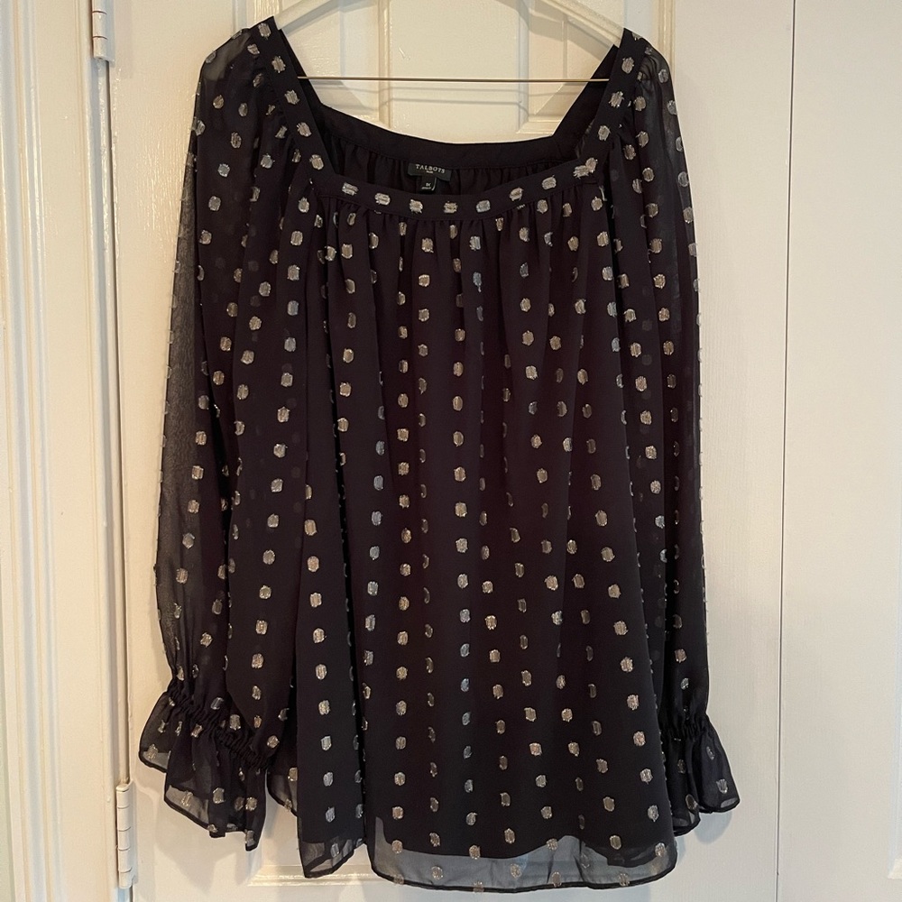 Talbots metallic and black XL blouse. Holiday shirt